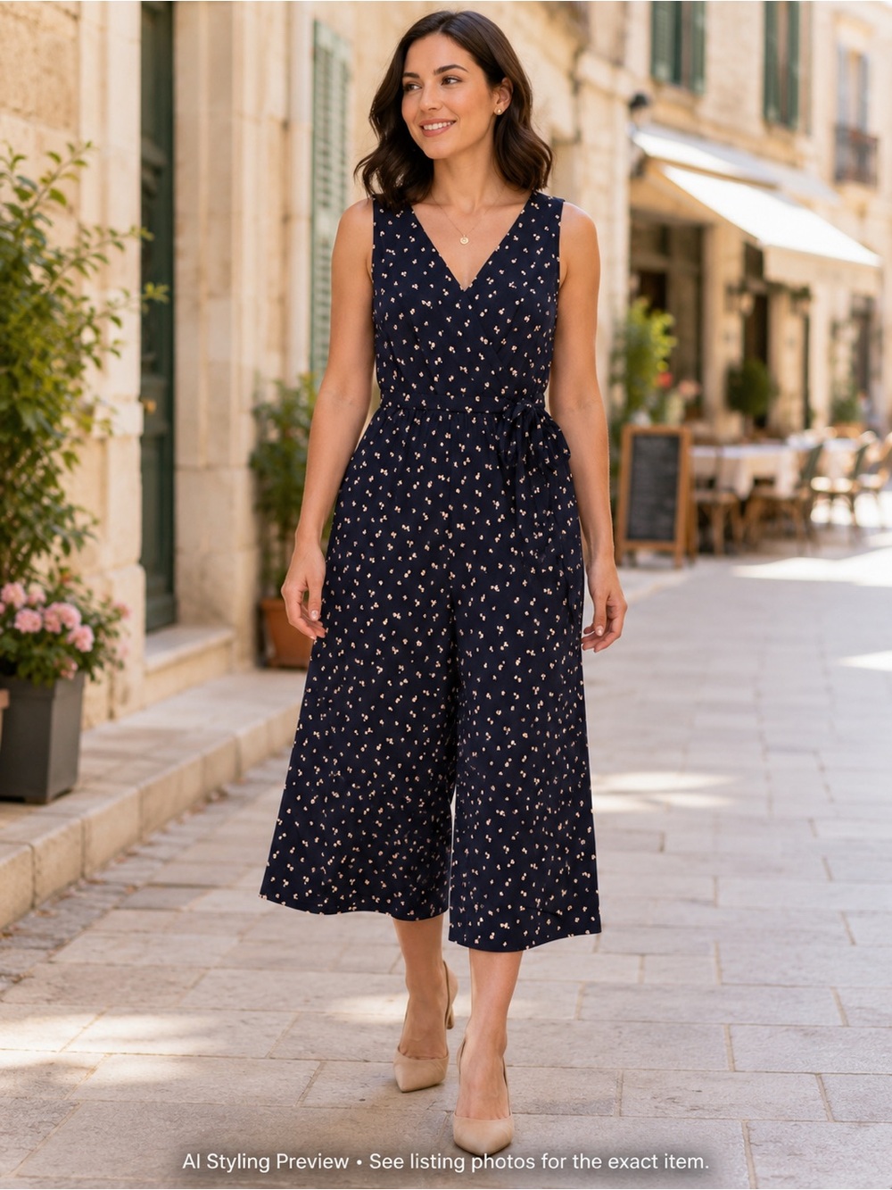 Gilli L Navy Floral Faux Wrap Wide Leg Cropped Jumpsuit Stretch